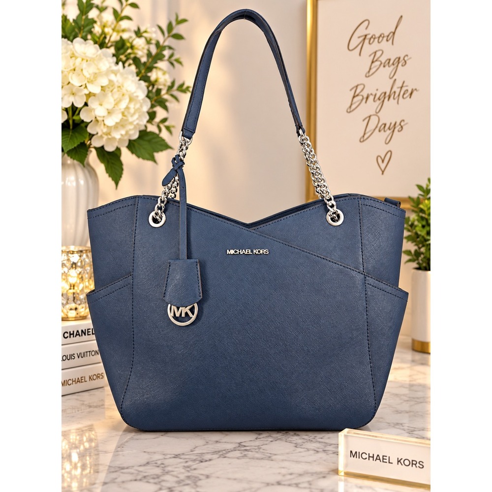 Michael Kors Nicole Large Shoulder Tote Bag Navy Blue Saffiano Leather Silver HW